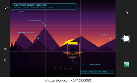This vector illustration shows a smartphone camera interface with a viewfinder, grid, and focus controls. The UI is overlaid on a sunset landscape with mountains and a sailboat.