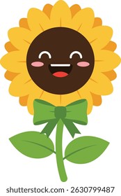 This vector illustration shows a smiling sunflower with yellow petals, green leaves, and a green bow. The flower radiates happiness in a playful, charming style. Cheerful mood.