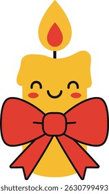 This vector illustration shows a smiling candle with a bright flame and a red bow decoration. The design is cheerful and festive, conveying a warm and happy mood.