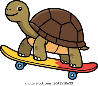 This vector illustration shows a smiling turtle riding a skateboard with a brown shell and red yellow deck, creating a playful and cheerful scene. Fun and lively mood.
