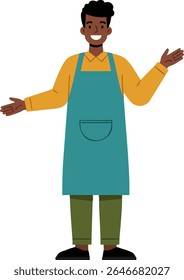 This vector illustration shows a smiling man in a teal apron and yellow shirt welcoming with open arms, standing confidently with a friendly expression, conveying warmth and approachability.