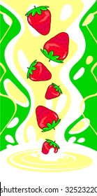 	 This vector illustration shows some ripe strawberries and falling in a cascade of milk