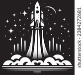 This vector illustration shows a space shuttle launching from a launch pad. The shuttle is flying through the sky, leaving behind a trail of smoke and stars.