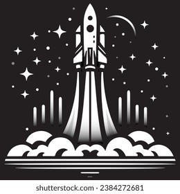 This vector illustration shows a space shuttle launching from a launch pad. The shuttle is flying through the sky, leaving behind a trail of smoke and stars.