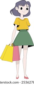 This vector illustration shows a stylish young woman carrying colorful shopping bags, dressed in a yellow top and green skirt, with a cheerful expression