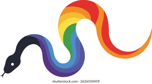 Esta ilustração vetorial mostra uma cobra estilizada com um gradiente suave em transição através das cores do arco-íris em um design limpo, transmitindo criatividade e vibração. Humor brilhante e vivo.