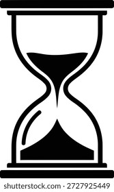 Esta Ilustración vectorial muestra un ícono estilizado de reloj de arena en blanco y negro. La arena llena las cámaras superior e inferior del temporizador, lo que indica el paso del tiempo.