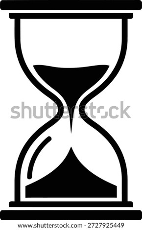 This vector illustration shows a stylized black and white hourglass icon. Sand fills both upper and lower chambers of the timer, indicating passage of time.
