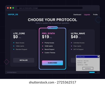This vector illustration shows a subscription management interface on Vapor OS. Users can choose from tier options with pricing and system status updates visible for selection.
