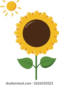 This vector illustration shows a sunflower with bright yellow petals and green leaves under a shining sun, presenting a cheerful and sunny mood.