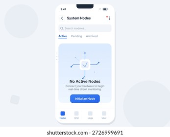 Diese Vektorgrafik zeigt eine Systemknotenschnittstelle auf einem mobilen Gerät. Es wird eine Option zur Initialisierung von Knoten und zum Anschluss von Hardware für die Schaltungsüberwachung hervorgehoben.