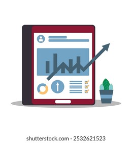 This vector illustration shows a tablet screen with business analytics, featuring a bar graph and upward trend line. Additional elements include a pie chart, checklist, and a potted plant