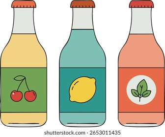 This vector illustration shows three bottles of fruit-flavored drinks with cherry, lemon, and mint labels in a simple, colorful style, creating a fresh and inviting mood.