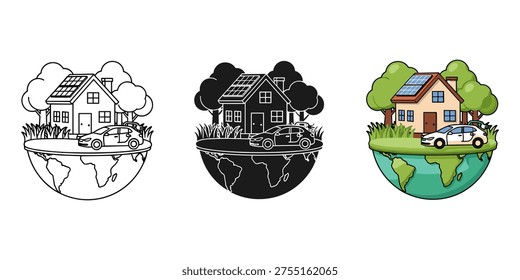 This vector illustration shows three eco-friendly home designs on a globe, representing sustainable living with solar panels and green environments, ideal for marketing, education, and environmental concepts.
