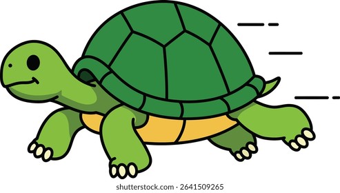 This vector illustration shows a turtle running fast with a green shell and yellow belly in a cartoon style, conveying a playful and energetic mood.