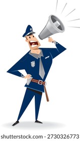 Esta Ilustración vectorial muestra a un policía uniformado sosteniendo un megáfono en una pose de gritos expresivos, sugiriendo un anuncio o instrucción de orden público. Vestido con un uniforme de policía azul con gorra, corbata y cinturón de seguridad, el personaje representa la comunicación de las fuerzas del orden, el control de multitudes y los mensajes de seguridad pública, comúnmente utilizados en materiales educativos, carteles y gráficos de stock.