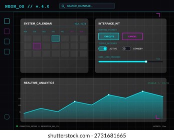 Esta Ilustración vectorial muestra una interfaz de usuario para un sistema de gestión de datos, destacando los Botones de análisis, calendario y control, adecuados para proyectos y diseños tecnológicos.