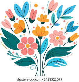 This vector illustration shows a variety of flowers and leaves that create a lively and colorful bouquet.