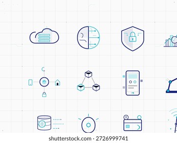 This vector illustration shows various icons representing technology, data security, cloud storage, and connectivity. The design features graphs, a smartphone, and protective symbols.