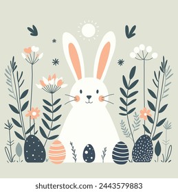 This vector illustration shows a white Easter bunny surrounded by decorated eggs and spring flowers.