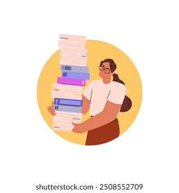 Esta ilustração vetorial mostra uma mulher com óculos segurando muitas pastas em suas mãos. Reflete o estresse associado ao ambiente do escritório.