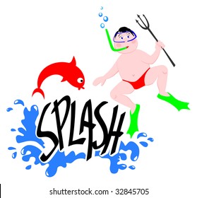 This vector illustration shows the word "Splash" surrounded by water. A fish tries to escape with a sub harpoon