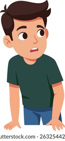 Esta ilustração vetorial mostra um jovem preocupado olhando sobre seu ombro com preocupação, vestido com uma camisa verde e jeans azul, transmitindo um clima de ansiedade e cautela.