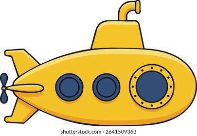 This vector illustration shows a yellow submarine with a side propeller and round portholes floating underwater in a simple cartoon style calm.