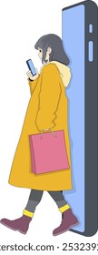 Esta Ilustración vectorial muestra a una joven vestida con un abrigo amarillo y botas rosas, sosteniendo un teléfono inteligente en una mano mientras lleva una bolsa de compras en la otra