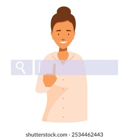 This vector illustration shows a young woman pointing at a search bar, representing concepts like internet browsing and online research