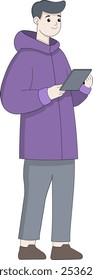 This vector illustration shows a young man dressed in a warm purple jacket, holding a tablet, possibly engaged in work or digital communication
