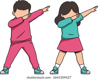 This vector illustration shows a young boy and girl performing the dab dance move wearing bright clothing. The scene captures playful and energetic mood.