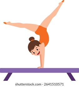 This vector illustration shows a young female gymnast balancing on a purple beam wearing an orange leotard, capturing athleticism and grace in a clean style. Cheerful mood.
