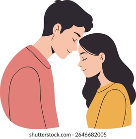 Esta ilustração vetorial mostra um jovem casal gentilmente tocando as testas, expressando proximidade e afeto em um momento calmo e íntimo. O clima é pacífico e amoroso.