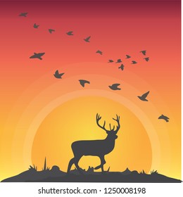 this is a vector illustration of a silhouette of deer and flying birds in the afternoon