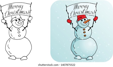 This is a vector illustration of a snowman with a Merry Christmas poster on a white and blue background with snowflakes in a doodle style.