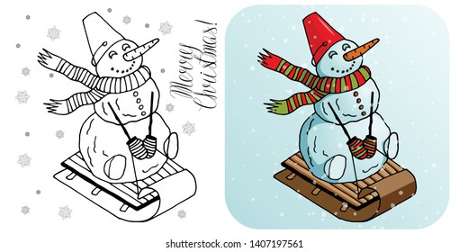 This is a vector illustration of a snowman riding a sled on a white and blue background with snowflakes in a doodle style.