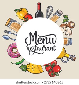 Esta Ilustración vectorial es una elegante Plantilla de menú de restaurante con una variedad de ingredientes y utensilios de cocina dispuestos alrededor de un círculo central con un elegante texto caligráfico "Menú". Ideal para menús de restaurantes, volantes de cafeterías, marcas de alimentos y Materiales promocionales, transmite una temática culinaria fresca y atractiva adecuada para la cocina italiana o general.
