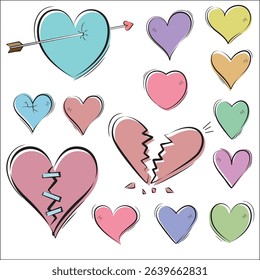 This is a vector illustration of various hand-drawn heart doodles. The set features hearts in different colors and states, including a heart pierced by Cupid's arrow, a cracked heart, a broken heart.
