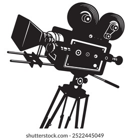 This vector illustration of a vintage cinema projector on a tripod captures the classic charm of early film projection technology.