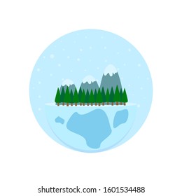 This is vector illustration winter planet and trees, mountains and snow. Outline vector ball isolated on white background.  Could be used for earth day, winter holidays, Christmas, new year.