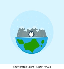 This is vector illustration winter planet, mountains, snow and penguin. Could be used for earth day, winter holidays, Christmas, new year. For postcards, banners background, holidays decorations.