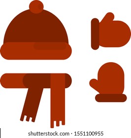This is vector illustration. Winter red hat, scarf and mittens.