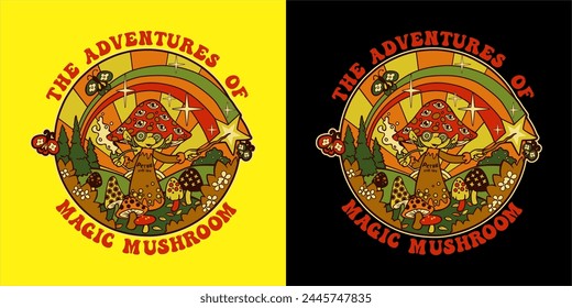 In this vector illustration, a wizard embarks on a magical adventure through a colorful and psychedelic world. Amidst vibrant magic mushrooms, the wizard, clad in robes with a wand in hand, exudes enc