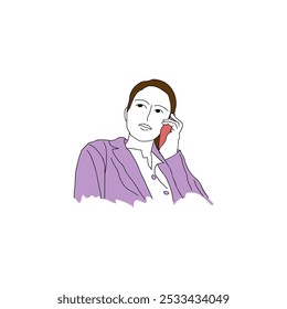 This is a vector illustration of a woman on the phone in a purple shirt, suitable for business designs, banners, seminars, flyers, content, icons, webinars, school textbooks and others