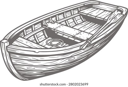 This is a vector illustration of a wooden rowboat, complete with oars and a coiled rope. The image is monochrome