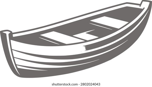 This is a vector illustration of a wooden rowboat, depicted in gray scale on a white background. It features planked