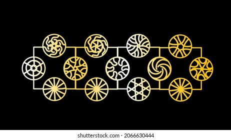 This is a vector illustration of a yellow circle with a line art theme isolated on a black background.
