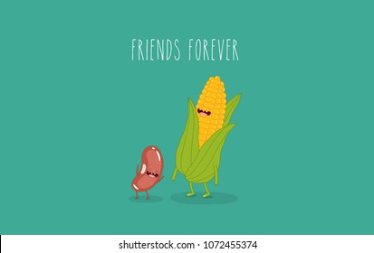 This is vector illustrations. Funny corn, beans, peas are friends forever. You can use for cards, fridge magnets, stickers, posters.