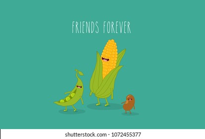 This is vector illustrations. Funny corn, beans, peas are friends forever. You can use for cards, fridge magnets, stickers, posters.